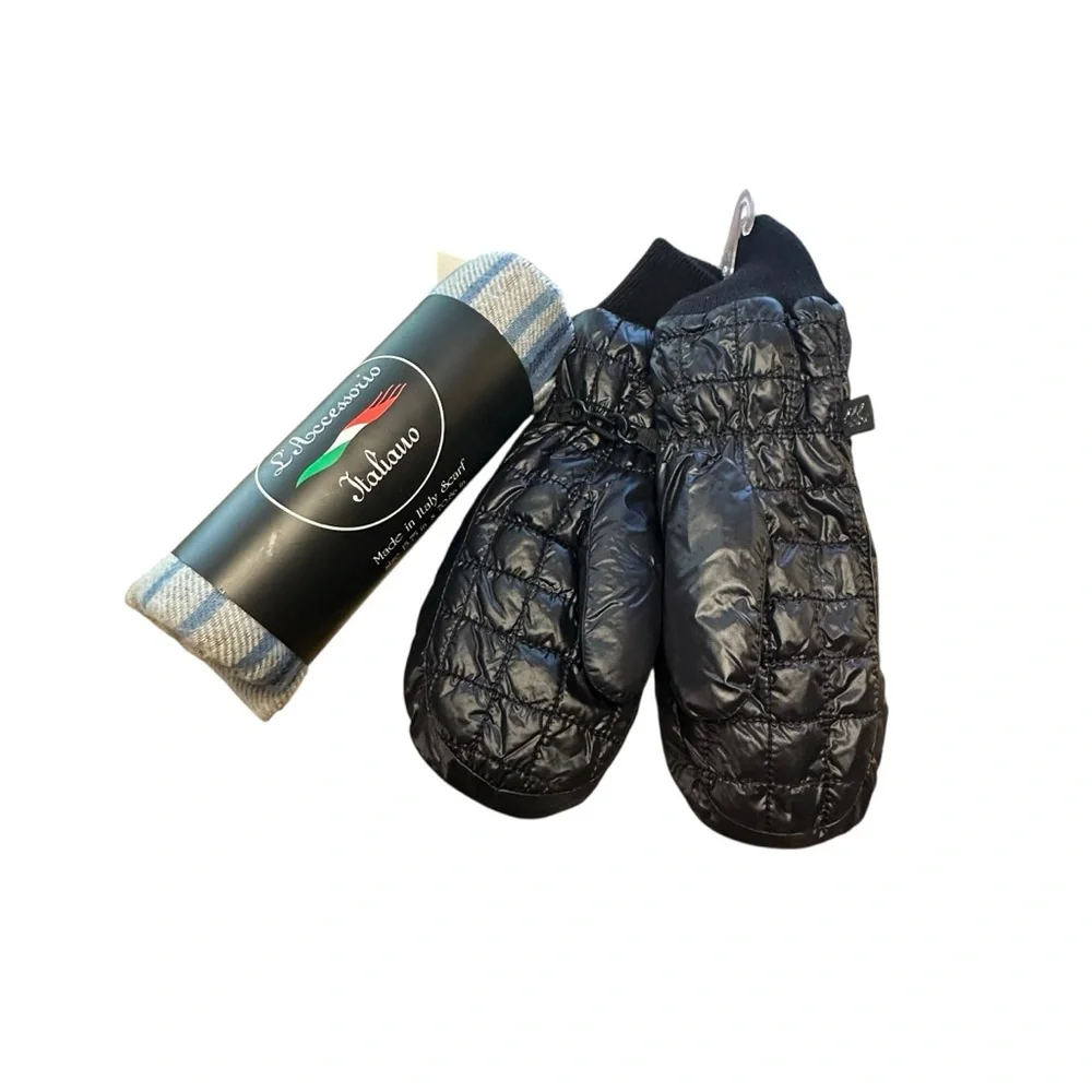 Black Quilted Mittens with Blue Striped Scarf